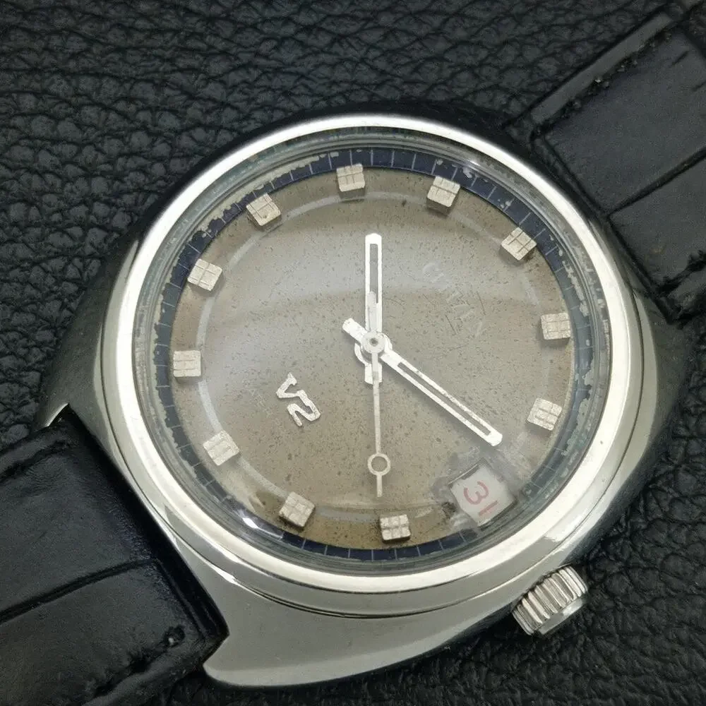 Vintage 1971 Citizen Manual Wound Mens Silver Watch W/Date & Green accents